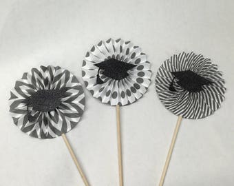 Graduation Centerpieces | Graduation Decor | Graduation Decorations 2021 | Black Silver Graduation | Paper Rosettes | Grad Party|Set of 3