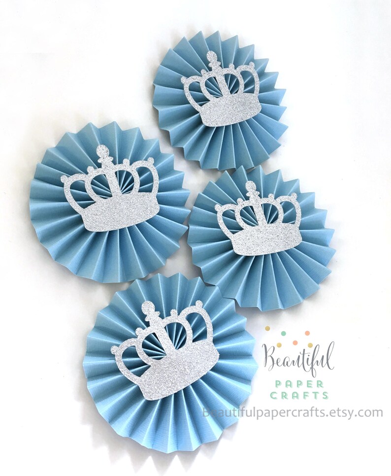 Gold Crown Paper Rosette Prince Baby Shower Royal Prince Party Little Prince Party Decorations Baby Blue and Gold Glitter Crown