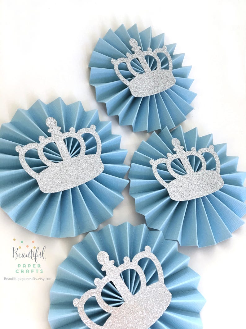 Gold Crown Paper Rosette Prince Baby Shower Royal Prince Party Little Prince Party Decorations Baby Blue and Gold Glitter Crown