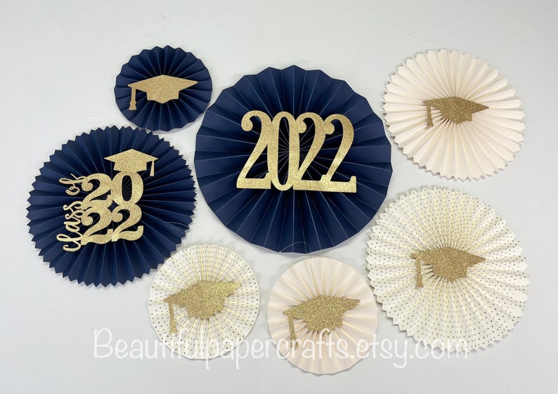 Graduation Party Decor | Graduation Decorations 2022 | Navy and Gold Graduation | 2022 Grad Party | Class of 2022 | 7 paper fans 