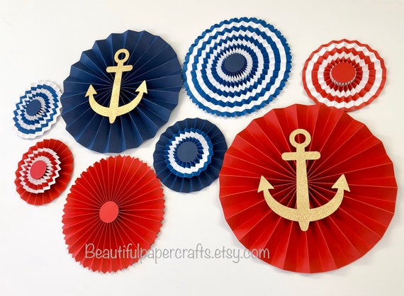 Nautical Baby Shower | Nautical Rosettes | Nautical 1st Birthday | Anchor Party Fans Decor | Nautical Decor | Ahoy It's A Boy Decor Il_570xn