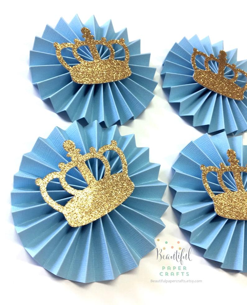 Gold Crown Paper Rosette Prince Baby Shower Royal Prince Party Little Prince Party Decorations Baby Blue and Gold Glitter Crown