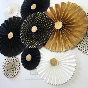 New Year's Eve Wedding Decor | Gold Glitter Rosettes | Black and Gold Rosette Backdrop | Graduation Party Decorations | Paper Fan Backdrop
