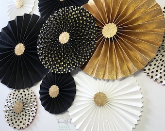 New Year's Eve Wedding Decor | Gold Glitter Rosettes | Black and Gold Rosette Backdrop | Graduation Party Decorations | Paper Fan Backdrop