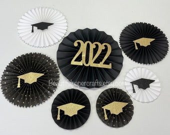 Graduation Party Decor | Graduation Decorations 2022 | Navy and Gold Graduation | 2022 Grad Party | Class of 2022 | 7 paper fans