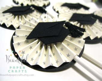 Graduation Caps Rosettes Cupcake Toppers- Fabric Graduation Cap - Graduation Party Decorations, Grad Party...Set of 12