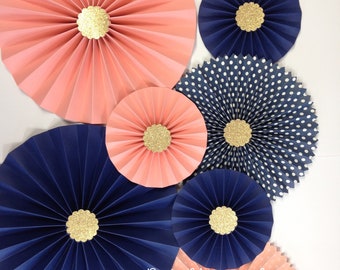 Navy and Coral Rosettes | Navy Paper Fans | Pinwheel Backdrop Decor | Coral Paper Rosettes| Candy Buffet Decor | Boho Wedding