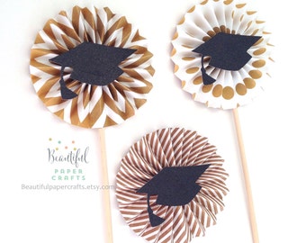 Graduation Centerpieces | 2022 Graduation Decor | Graduation Decorations 2022 | Black and Gold Graduation | Paper Fans Grad Party| Set of 3