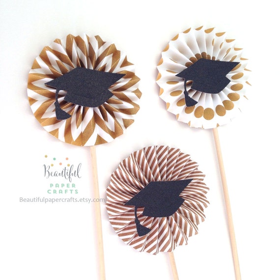 Graduation Centerpieces | 2021 Graduation Decor | Graduation Decorations 2021 | Black and Gold Graduation | Paper Fans Grad Party| Set of 3 Il_570xn