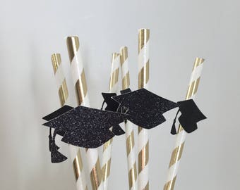 Class of 2022 Party Straws | Graduation Decorations 2022 | Graduation Cap Straws | Black and Gold Party Decor | 2022 Graduation | 10 CT