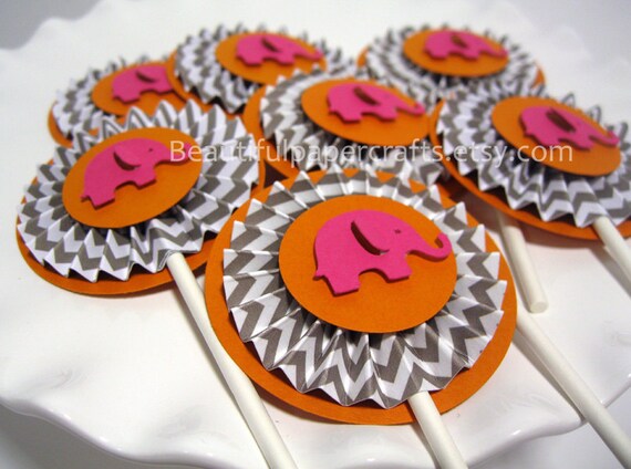 Elephant Baby Shower Gray Chevron Rosettes Cupcake Toppers