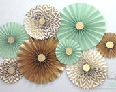 Mint Green Loves Gold Glitter || Gold Rosette Centerpieces || Mint and Gold Bridal Shower || Paper Fans || Pinwheels || Candy Buffet Decor