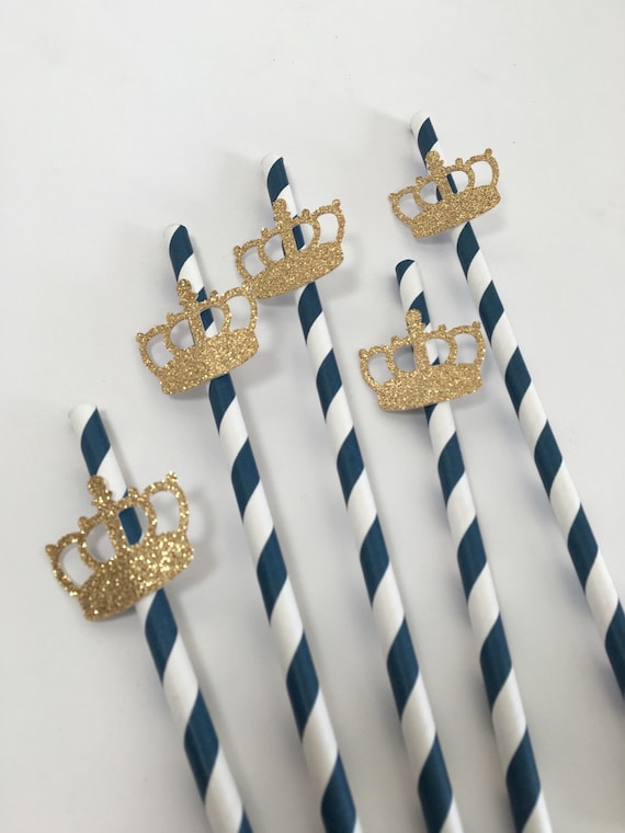 Little Prince Party Straws | Prince Gold Crown Straws | Navy and Gold Party | 1st Happy Birthday Decor | Prince Gold Glitter Crown | 10CT Il_570xn