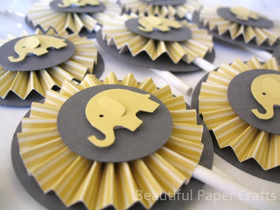 Gray And Yellow Baby Elephant Rosettes Cupcake Toppers Etsy