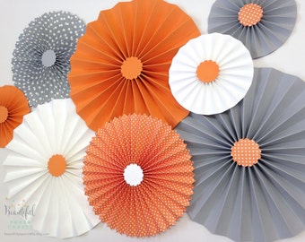 Woodland Animal Theme | Gray and Orange Rosettes Paper Fans | Gray and Orange Nursery | Gray and Orange Bridal Shower | Orange Gray Wedding