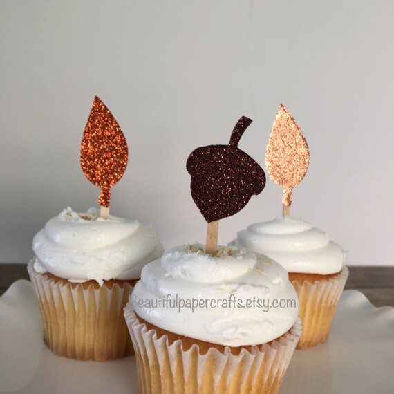Fall Toppers | Autumn Leaves, Acorn| Fall Wedding | Leaves Cupcake Topper | Farmhouse Decor | Thanksgiving Decor| 12ct Il_570xn