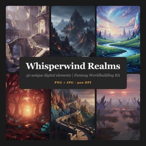 May include: A digital collection titled Whisperwind Realms featuring 30 unique digital elements for a fantasy worldbuilding kit in PNG and JPG formats at 300 DPI, displayed with six varied landscape illustrations including ruins, mountains, and forests.