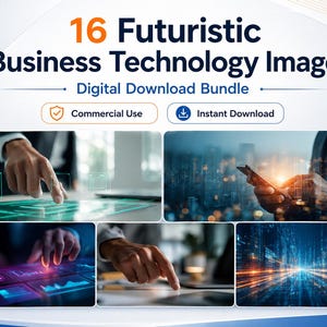 May include: A digital download bundle titled "16 Futuristic Business Technology Images." The image features a collage of futuristic technology concepts, including hands interacting with digital interfaces and cityscapes with digital overlays. Includes "Commercial Use" and "Instant Download" icons.