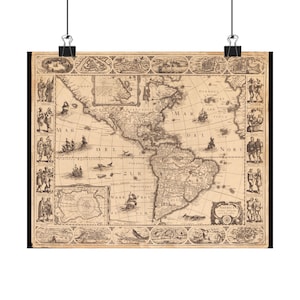 May include: An antique map of the Americas, featuring detailed cartography and illustrations. The map is printed on aged paper, with decorative borders and nautical elements. The map is held by two black binder clips.