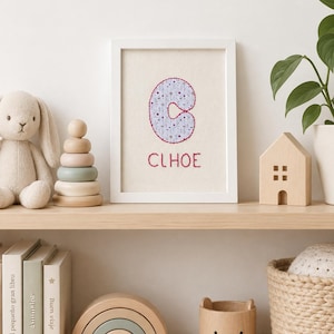 Personalized Embroidered Initial Print, Custom Nursery Wall Decor, Handmade Newborn & Baby Shower Keepsake Gift, A5 and A4 Fine Art Paper