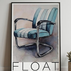 FLOAT · Lámina decorativa silla Bauhaus · Acuarela turquesa · Arte pared retro · Póster mid century modern · Descarga digital para imprimir