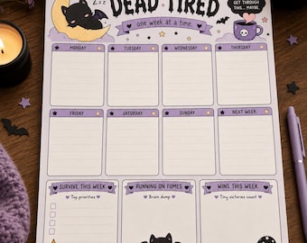 Dead Tired Weekly Planner Pad | 8x10 Weekly Notepad | Spooky Cute Desk Planner | 20 Page Tear-Off Planner | Goth Office Gift