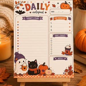 Könnte beinhalten: Ein Tagesplaner-Block im Herbst-Design mit einem Geist, der eine Tasse hält, einer schwarzen Katze und Kürbissen. Die Seite enthält Abschnitte für Today's Plan, Top Priorities, Don't Forget und Notes, verziert mit Herbstblättern und Herzen.