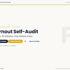 Puede incluir: Un documento PDF digital titulado The Reclaim Collection Burnout Self-Audit. La página presenta el texto 5 zones. 15 minutes. One honest score. Incluye botones etiquetados como Fillable + Printable, Instant Download y Bonus included.