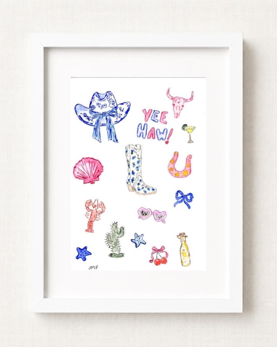 Coastal Cowgirl Watercolor Print | Western Beach Icons | Whimsical Wall Art