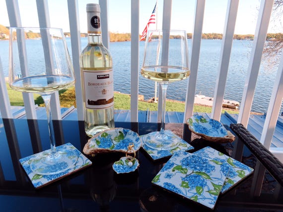 Coastal Gift Set - Coasters, Ring Dish & Bag Charm | Gift for Her | Wine + Waves Collection