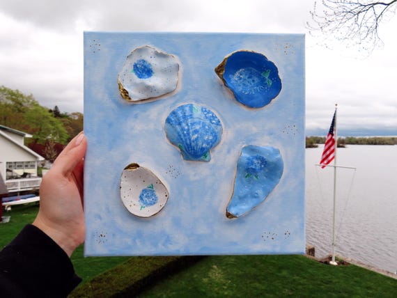 Coastal Shell Wall Art — Blue Hydrangea Canvas — Beach House Decor — Mixed Media Art — Efflorescence