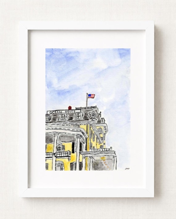 Ocean House Watch Hill Rhode Island Watercolor Print | Coastal New England Wall Art