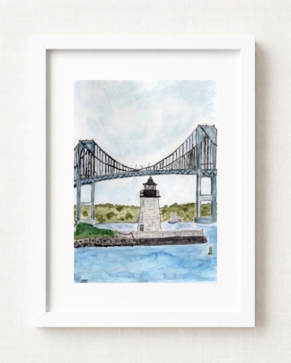 Newport Rhode Island Watercolor Print | Claiborne Pell Bridge & Lighthouse Coastal Wall Art | New England