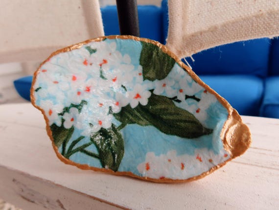Blue Hydrangea Oyster Shell Ring Dish - Gold Rim - Coastal Decor - Jewelry - Beachy Bridesmaid Gift