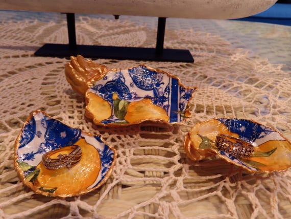 Amalfi Coast Lemon Oyster Shell Ring Dish- Blue Tile Lemon Coastal Decor-Italian Summer