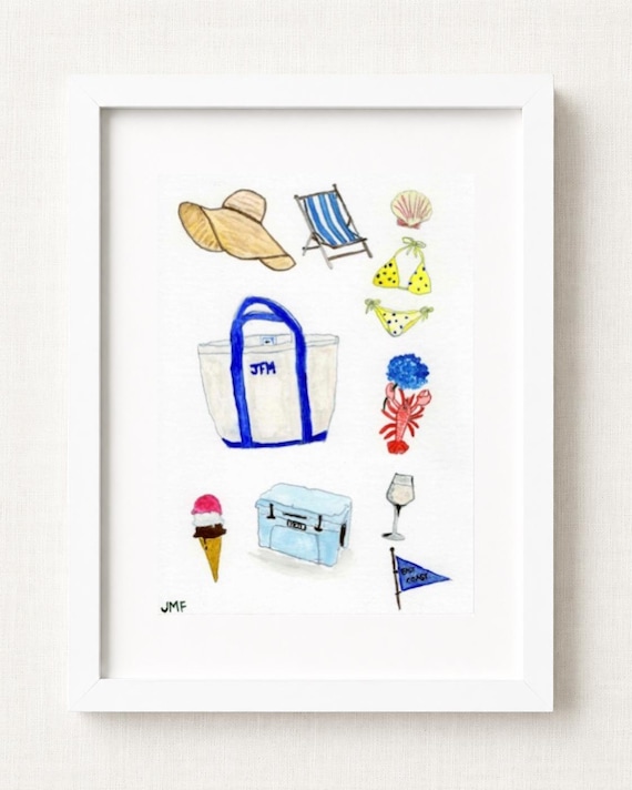 New England Icons Watercolor Print | Coastal Painting | Whimsical Wall Art