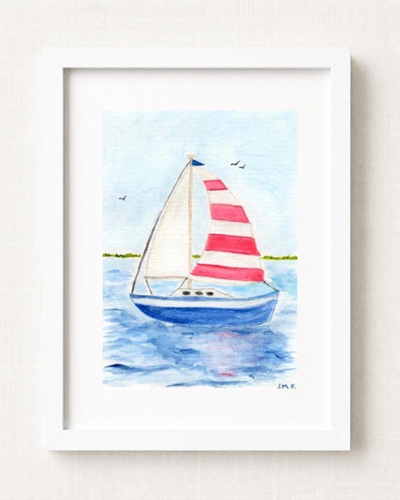 Sailboat Watercolor Print | Coastal Wall Art | Nautical Beach House Decor