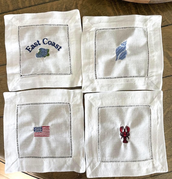 Custom Coastal Embroidered Cocktail Napkins || Beach House Table Decor || Nautical Entertaining Set