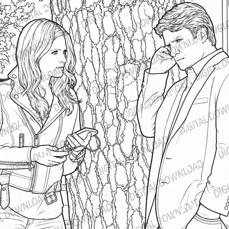 May include: Black and white line art of a man and woman standing near a tree. The woman holds a small object, and the man touches his face. The image is a digital download.