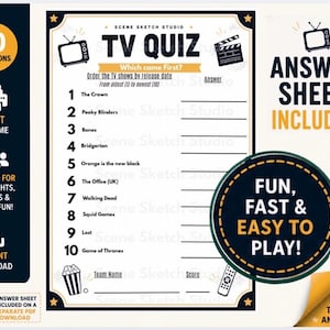 May include: A printable TV quiz game sheet featuring ten numbered lines for ordering television shows by release date. The document includes icons of a television, a clapperboard, popcorn, and a remote control, with text reading TV QUIZ.