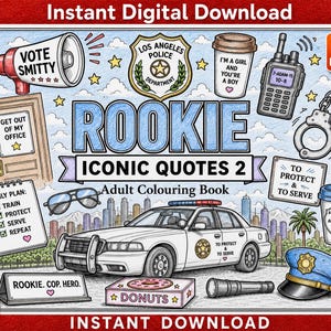 以下が含まれることがあります： 16ページのデジタル塗り絵「Rookie Iconic Quotes 2」。パトカー、手錠、VOTE SMITTYと書かれたメガホン、警察バッジ、無線機、コーヒーカップ、サングラス、ドーナツの箱のイラストが描かれています。