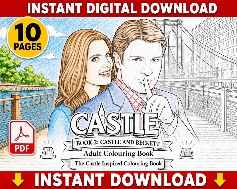 May include: Digital download of a coloring book featuring a couple with the text "CASTLE". The cover includes the text "BOOK 2: CASTLE AND BECKETT" and "Adult Colouring Book". The image also includes the text "INSTANT DIGITAL DOWNLOAD" and "10 PAGES".