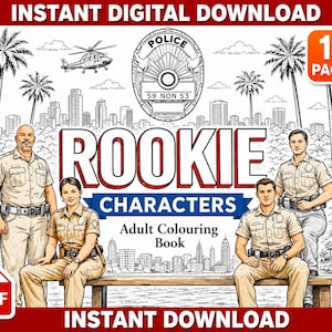 以下が含まれることがあります： 警察官を特集した「Rookie Characters」というタイトルの、インスタントデジタルダウンロードの塗り絵。表紙には、警官、都市のスカイライン、ヤシの木のイラストと「10ページ」のテキストが含まれています。 PDFダウンロードが可能です。