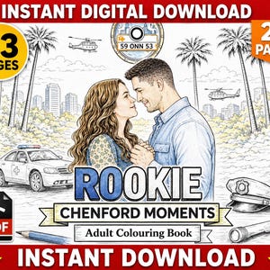 Puede incluir: Descarga digital de un libro para colorear para adultos titulado "Rookie Chenford Moments" con 23 páginas. La portada presenta una pareja, un coche de policía, palmeras y el texto "Instant Digital Download".