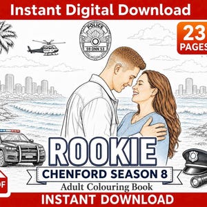 Könnte beinhalten: Digitaler Download eines Malbuchs mit dem Titel "Rookie Chenford Staffel 8". Das Cover zeigt ein sich umarmendes Paar, ein Polizeiauto, einen Hubschrauber und ein Polizeiemblem. Das Bild enthält den Text "Sofortiger digitaler Download" und "23 Seiten".