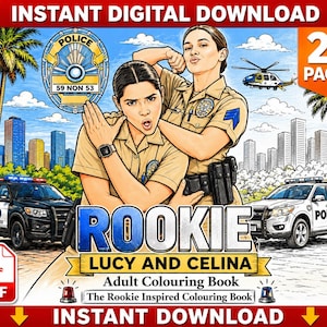 Könnte beinhalten: Digitaler Download eines Malbuchs für Erwachsene mit dem Titel "Rookie Lucy and Celina". Das Cover zeigt zwei Frauen in Polizeiuniformen, Polizeiautos, einen Hubschrauber und eine Skyline. Das Bild enthält den Text "Sofortiger digitaler Download" und "23 Seiten".