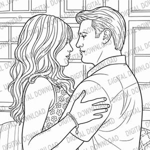 May include: Black and white line art illustration of a couple embracing. The woman has long, wavy hair and a floral patterned top. The man is wearing a button-down shirt. The image is a digital download.