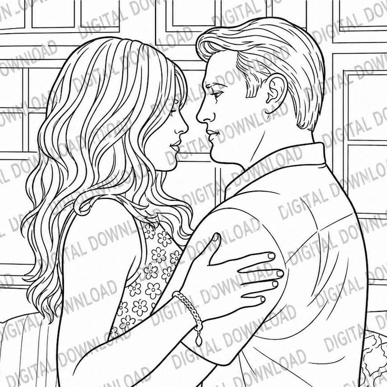 May include: Black and white line art illustration of a couple embracing. The woman has long, wavy hair and a floral patterned top. The man is wearing a button-down shirt. The image is a digital download.