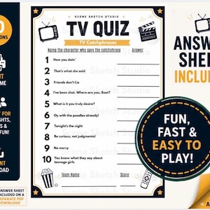 Puede incluir: Una hoja de juego de trivia televisiva imprimible con 10 preguntas sobre frases célebres de televisión, con espacio para respuestas, nombre del equipo y puntuación. El diseño incluye iconos de televisión, claqueta, palomitas y mando a distancia.
