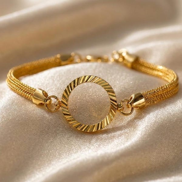 14K Solid Gold Multi Chain Bracelet, Diamond Cut Circle Italian Statement Jewelry